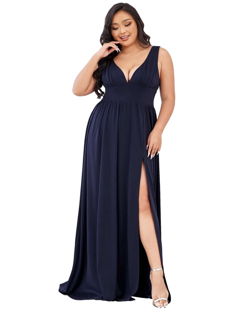 Front of a model wearing a size 20 Sleeveless V-Neck Empire Waist High Slit Floor-Length Evening Dress in Navy Blue by Ever-Pretty. | dia_product_style_image_id:295581